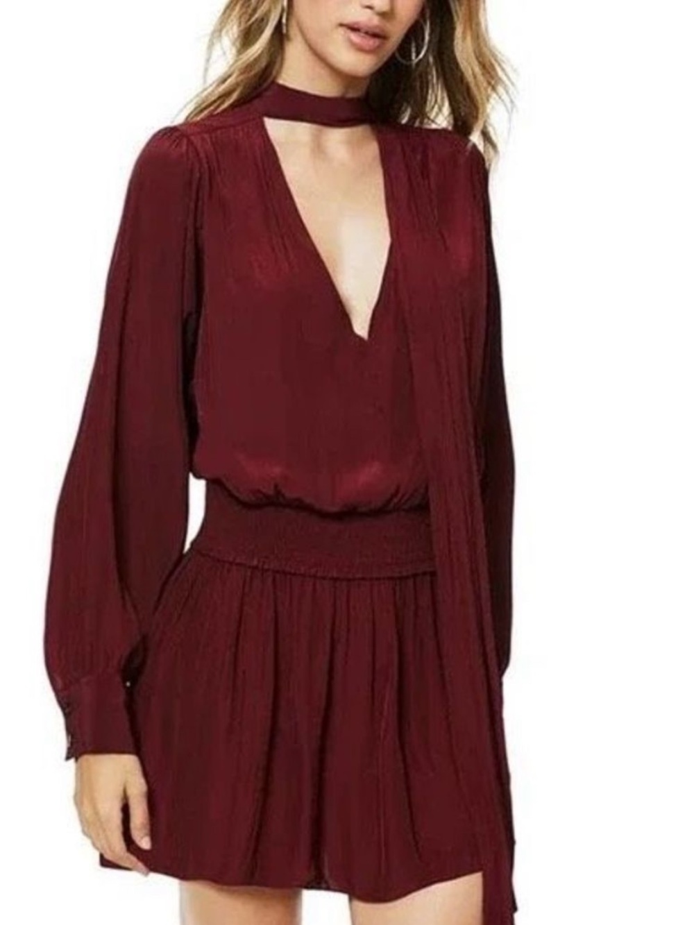 Ramy Brook Winslow Dress Berry Red Tie-Neck Long Sleeve Dress Medium